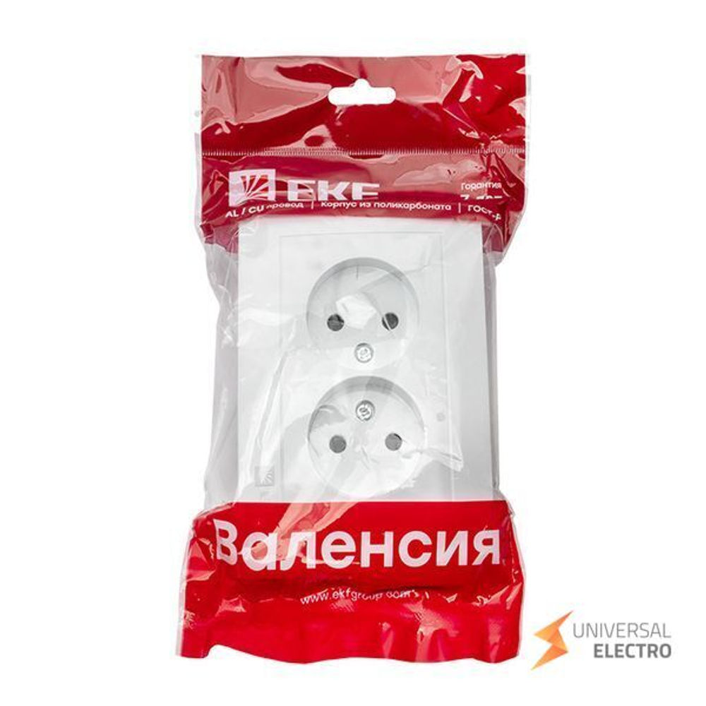 Валенсия розетка 2-местная б/з 10А белая с защ, штор, EKF PROxima