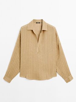 Massimo Dutti Блуза из смесового льна с воротником поло, горчично-желтый