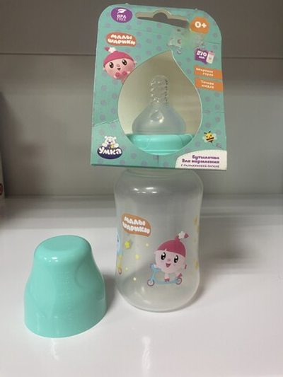 Бутылочка для кормления детей "Малышарики" с силиконовой соской медленный поток и широким горлом с рождения, объем 270 мл.