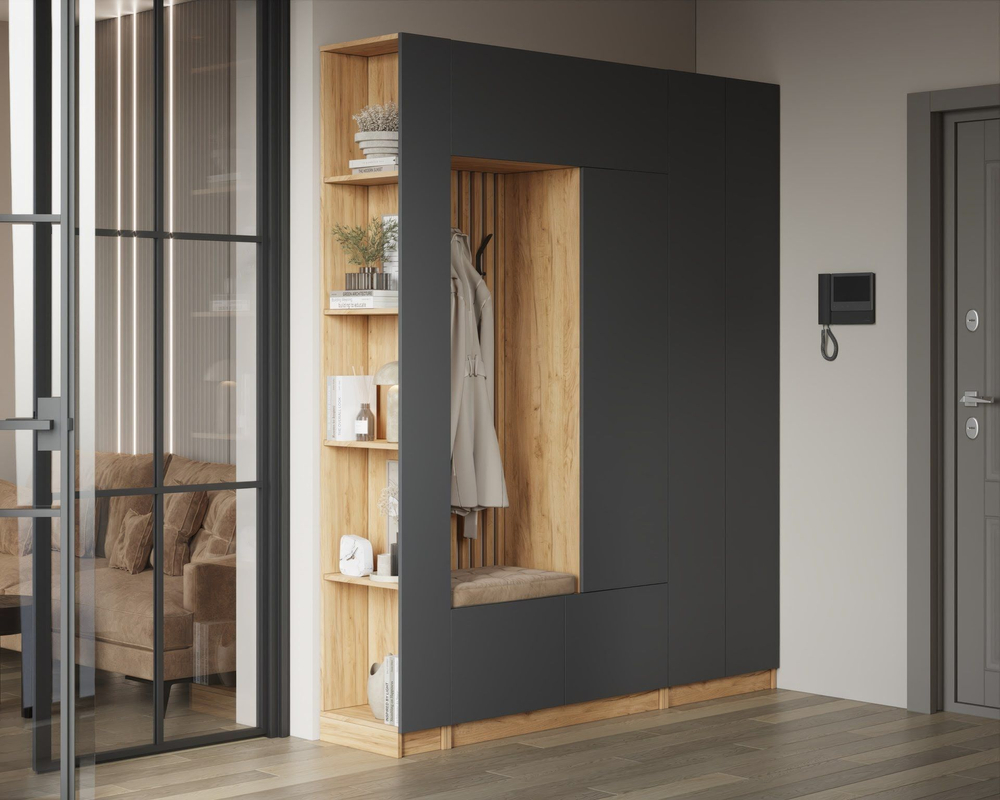 Прихожая с зеркалом комплект мебели Графит/Дуб 199.6х40х220 см