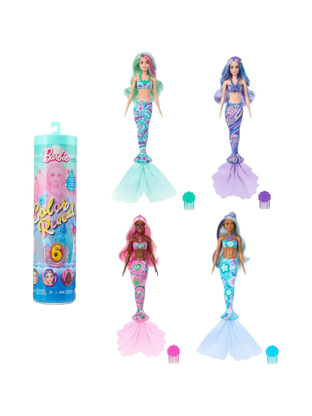 Barbie Color Reveal HRK12 Русалка Барби, кукла с водным сюрпризом и сменой цвета, набор с аксессуарами, оригинал Mattel