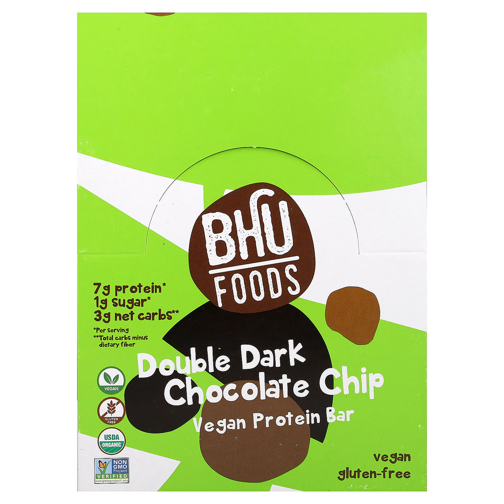 BHU Foods, Веганский протеиновый батончик, двойная крошка из темного шоколада, 12 батончиков по 45 г (1,6 унции)