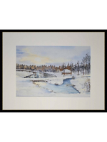 Картина авторская акварельная в паспарту 30х40 см на стену для интерьера "Зимний рассвет в Веребково"