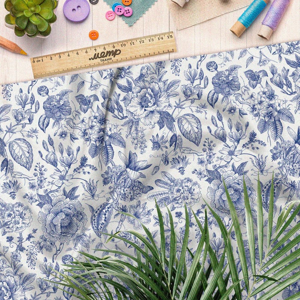 Ткань муслин розы росписью гжель