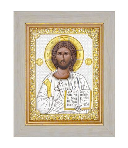 Спаситель, икона прямоугольная в рамке под стеклом, белое дерево 206х258