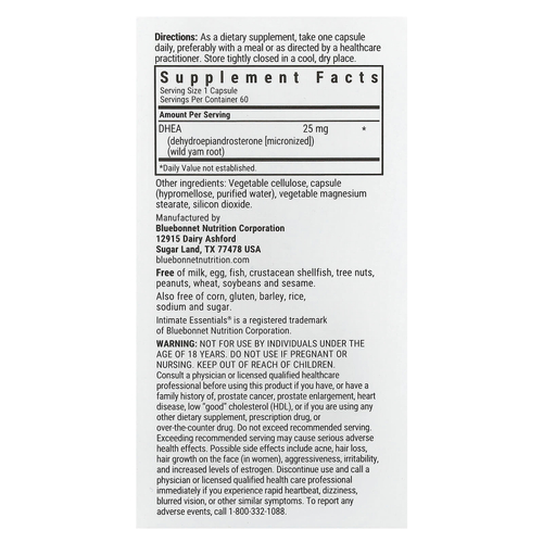 Bluebonnet Nutrition, Intimate Essentials, ДГЭА, для мужчин и для нее, 25 мг, 60 вегетарианских капсул