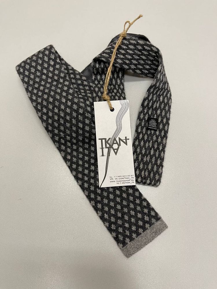 Трикотажный брендовый галстук (узор) (Ermenegildo Zegna, 142, Темно-серый фон/узор из серых мушек, 6,5, 4,5, 100%кашемир)