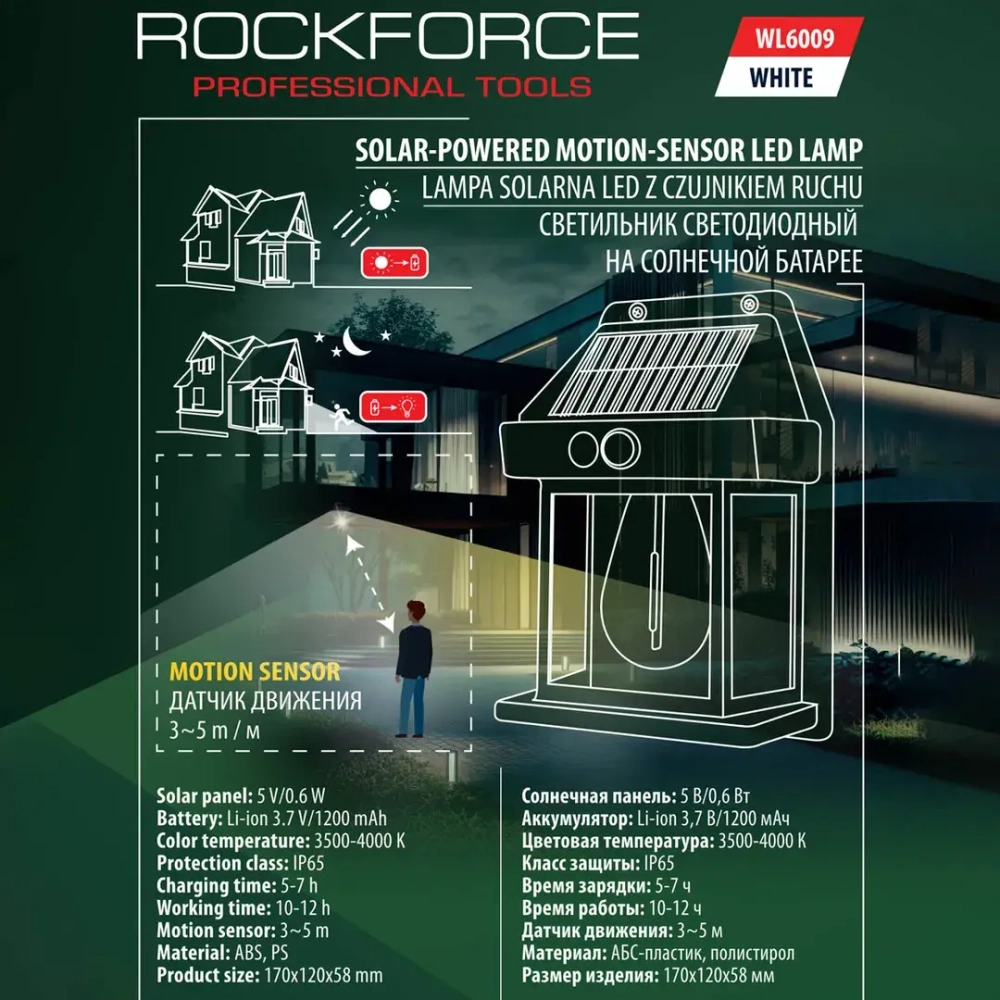 Светильник светодиодный на солнечной батарее с датчиком движения RockForce RF-WL6009 White