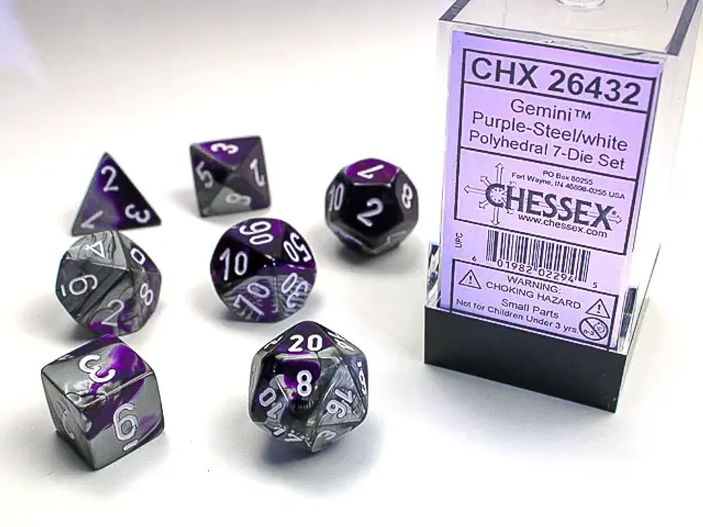 Chessex 7-dice set Gemini Purple-Steel/White