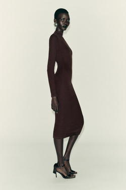 ZARA ПЛАТЬЕ МИДИ В РУБЧИК, КОРИЧНЕВЫЙ