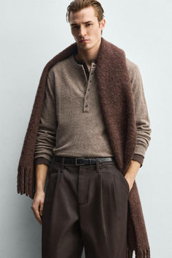 ZARA СВИТЕР ИЗ СМЕСОВОЙ ШЕРСТИ С ВОРОТНИКОМ НА ПУГОВИЦАХ, СЕРОВАТО-КОРИЧНЕВЫЙ