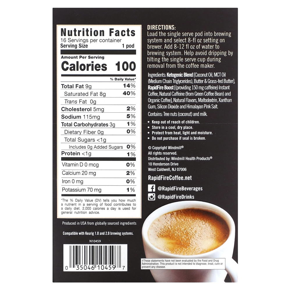 RAPIDFIRE, Keto Coffee Pods, оригинальная смесь, средней обжарки, 16 капсул по 15 г (0,53 унции)