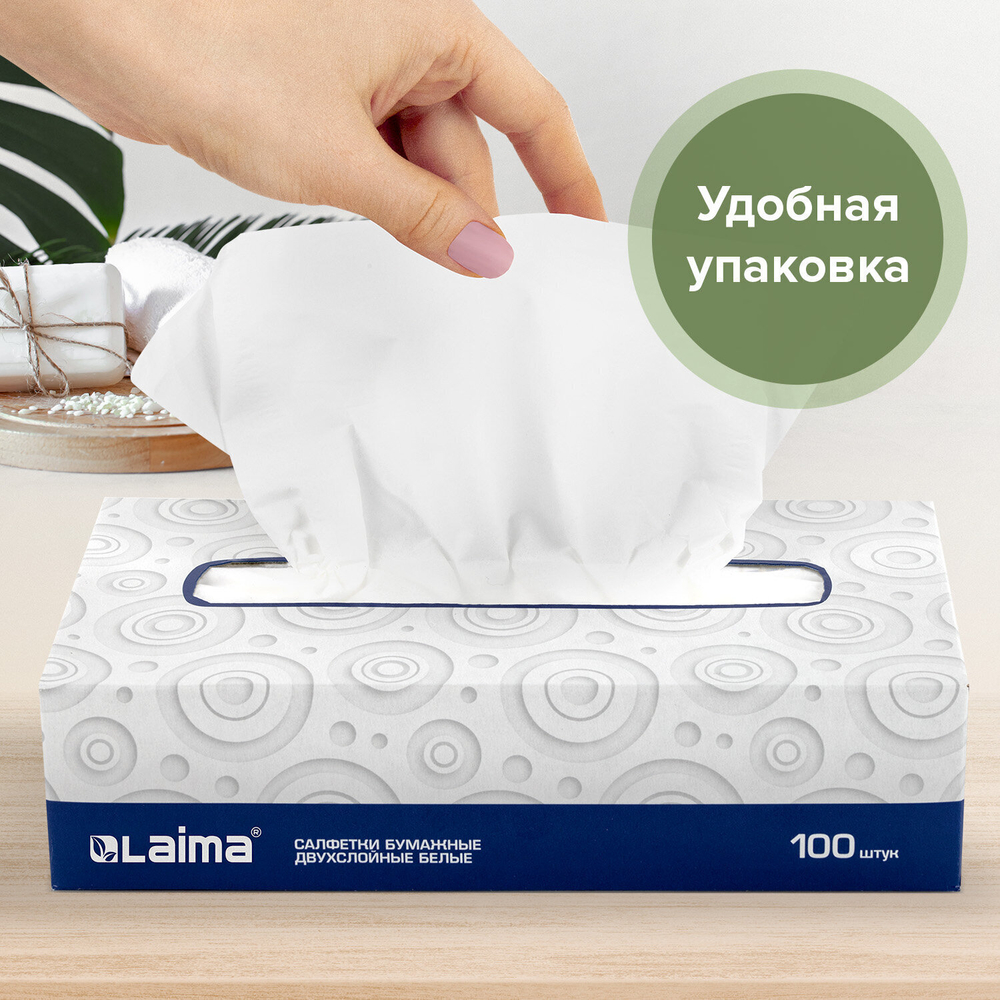Салфетки косметические 100 штук в картонном боксе 2-слойные LAIMA/ЛАЙМА 20х20 см (10 штук в упаковке)