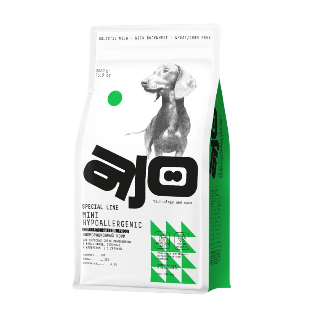 AJO Dog Mini Hypoallergenic корм для собак мини пород, склонных к аллергии, на гречке с индейкой и свининой
