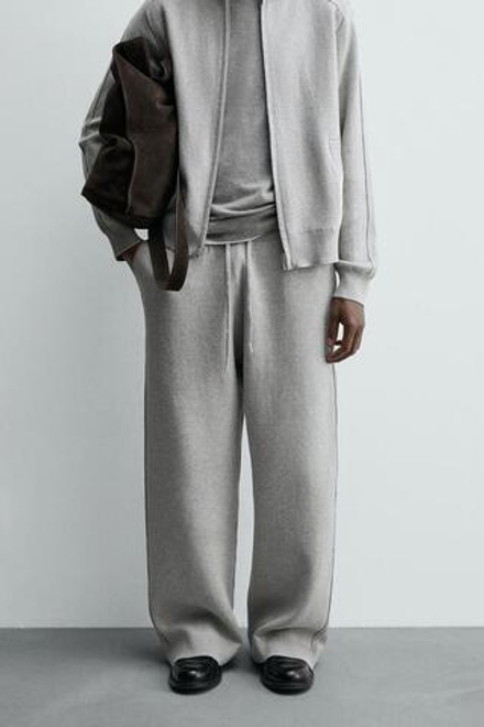 ZARA ШИРОКИЕ ТРИКОТАЖНЫЕ БРЮКИ, СЕРЫЙ МЕЛАНЖ