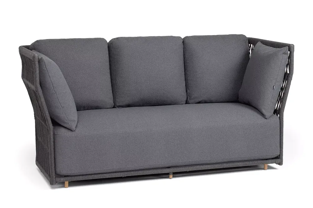 "Лугано" диван 3-местный плетеный из роупа, каркас алюминий темно-серый (RAL7024) муар, роуп темно-серый круглый, ткань темно-серая YB25-0027