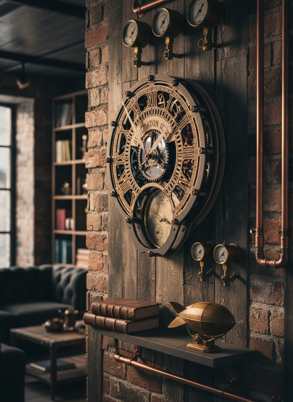 Часы-метеостанция WOODandROOT Automaton 1722 в интерьере стимпанк — открытый механизм, латунные детали и барометр внизу корпуса