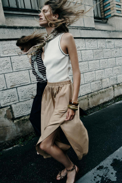 ZARA КОМБИНИРОВАННОЕ ПЛАТЬЕ-МИДИ ИЗ ПОПЛИНА, МЯГКИЙ КАШТАНОВЫЙ