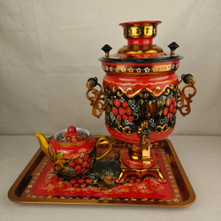 Самовар электрический трехлитровый в наборе с подносом и чайником с художественной росписью «Рябинка»
