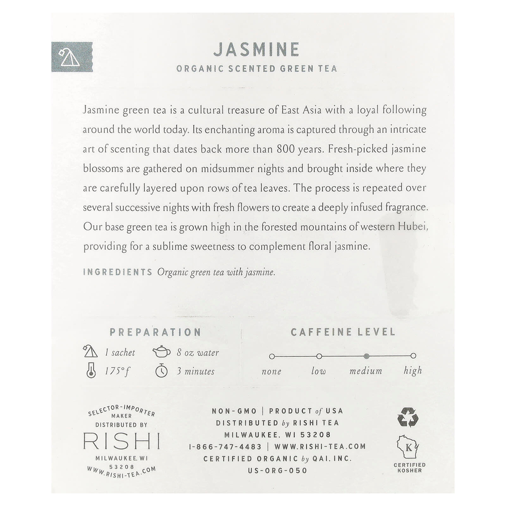 Rishi Tea, Органический ароматизированный зеленый чай, жасмин, 15 пакетиков, 36 г (1,26 унции)