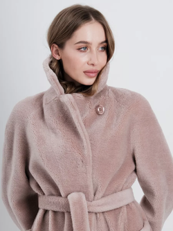Шуба женская чебурашка тедди из шерсти мериноса, розовая пудра, SilverFox