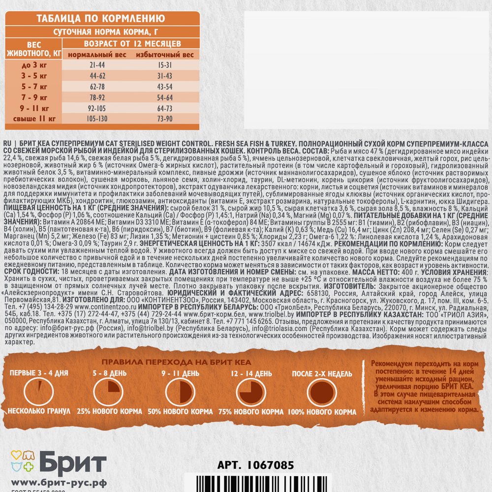 Сухой корм Брит Кеа WEIGHT CONTROL с морской рыбой и индейкой для стерилизованных кошек 0,4 кг