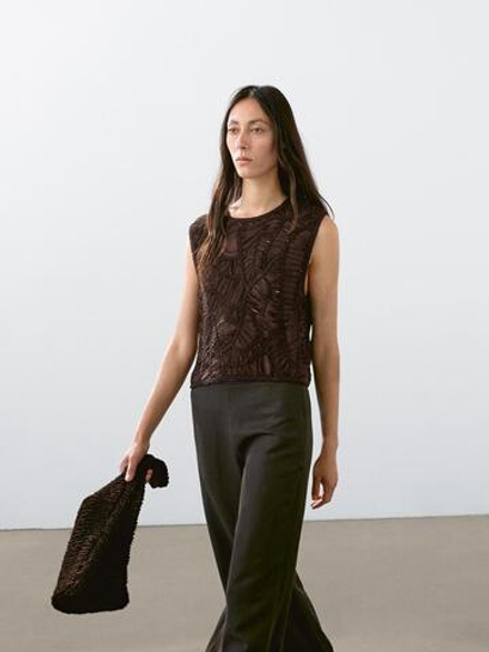 Massimo Dutti Топ из кружева кроше ажурной вязки с цветочным принтом, коричневый
