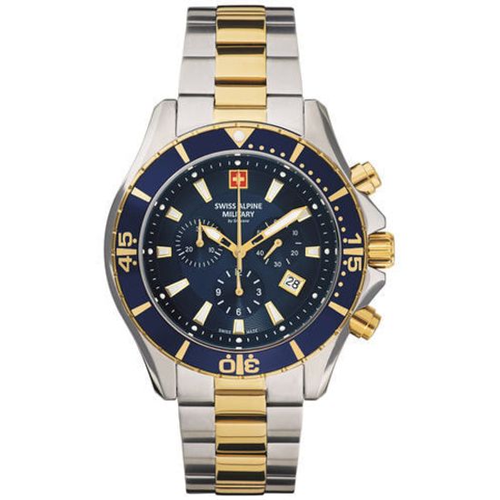 С браслетом Мужские наручные часы с серебряным  золотым браслетом Swiss Alpine Military 7040.9145 chrono 46mm 10ATM