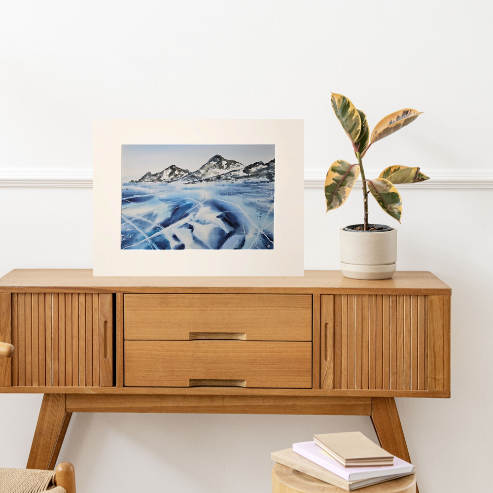 Картина авторская акварельная в паспарту 30х40 см на стену для интерьера "Лед Байкала"