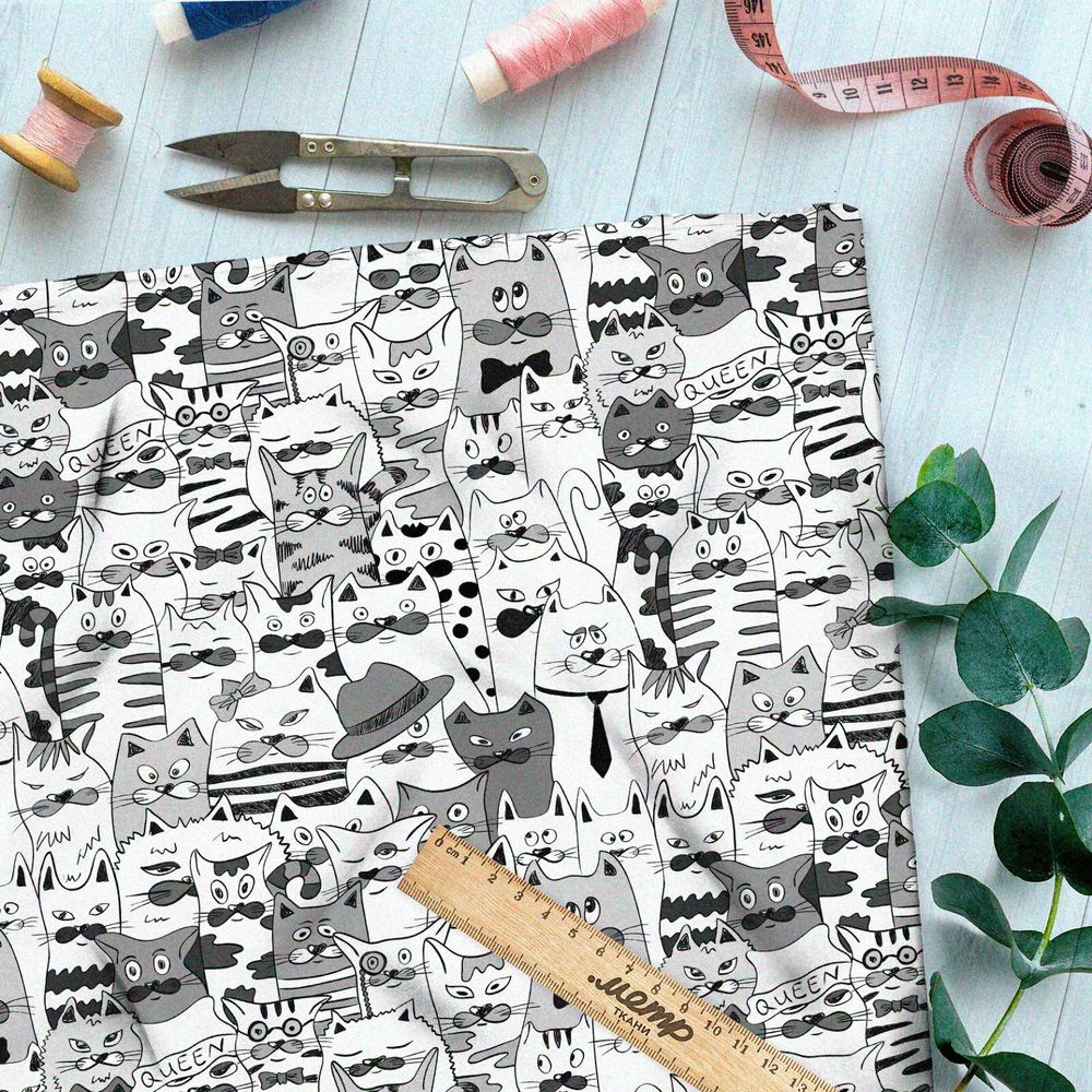 Ткань футер 2-х нитка бело-серые коты из мультиков
