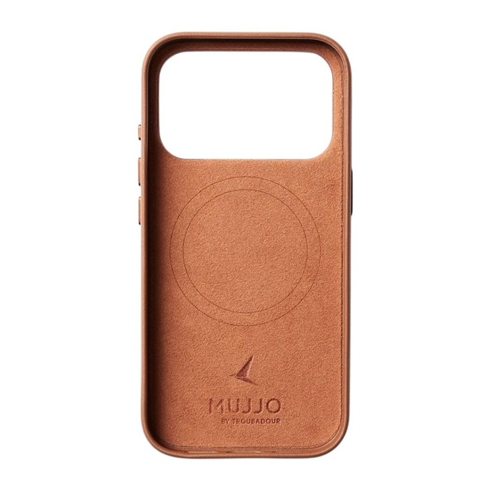 Кожаный чехол MagSafe с картхолдером Mujjo Full Leather Wallet Case для iPhone 17 Pro Чехол из натуральной телячьей велюровой цельнозерновой кожи с мелкозернистой фактурой и сенсорной накладкой для Контроллера камеры. Есть встроенный картхолдер — вмещает