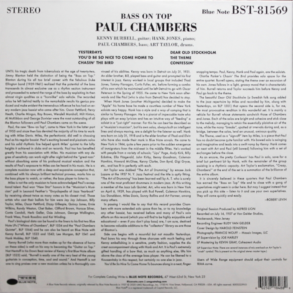 Paul Chambers Quartet / Bass On Top (LP)