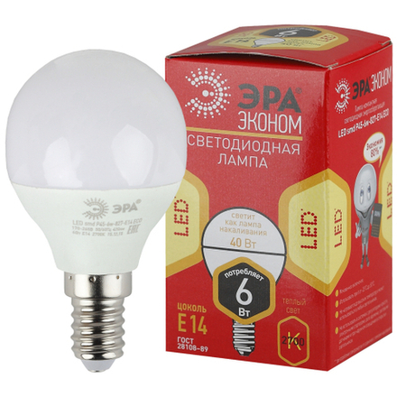 Лампочка светодиодная ЭРА RED LINE ECO LED P45-6W-827-E14 E14 / Е14 6Вт шар теплый белый свет