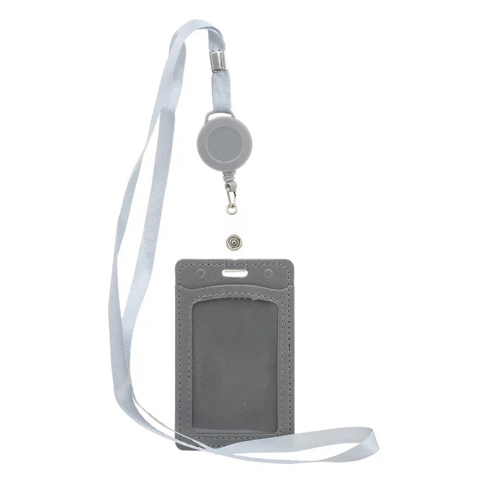 Бейдж на шнурке с рулеткой (ретрактором) Basir вертикальный, кожзам, 105*65 мм, серый