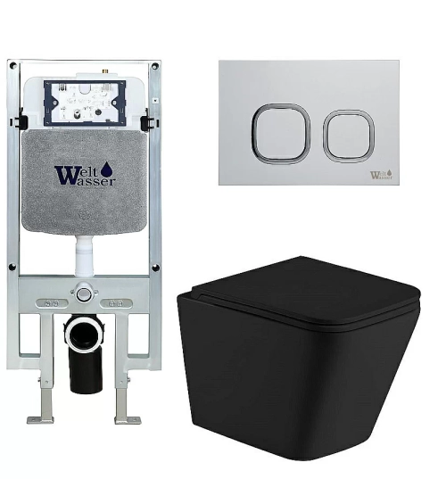 Унитаз подвесной WeltWasser AMBERG 497 ST + GELBACH 043 MT-BL + AMBERG RD-WT черный матовый, безободковый, с крышкой микролифт, слив-торнадо, с инсталляцией и белой кнопкой