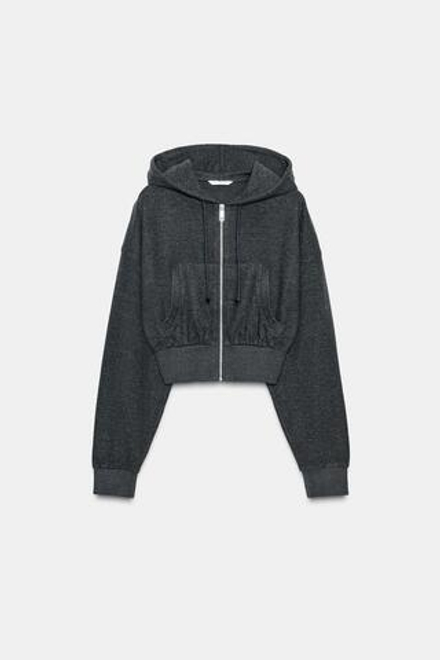 ZARA УКОРОЧЕННОЕ ХУДИ С КАПЮШОНОМ, ТЕМНО-СЕРЫЙ