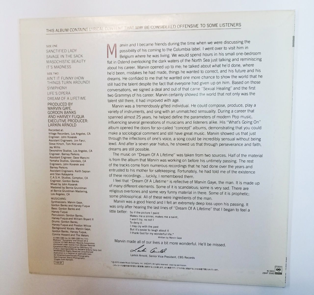 Винтажная виниловая пластинка LP Marvin Gaye Dream Of A Lifetime (Japan 1985)