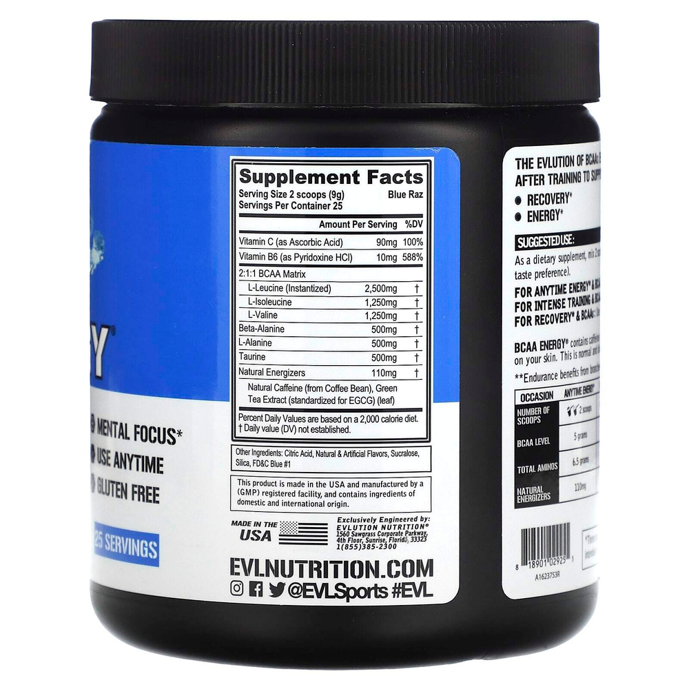 EVLution Nutrition, BCAA Energy, Blue Raz, 225 г (7,94 унции)