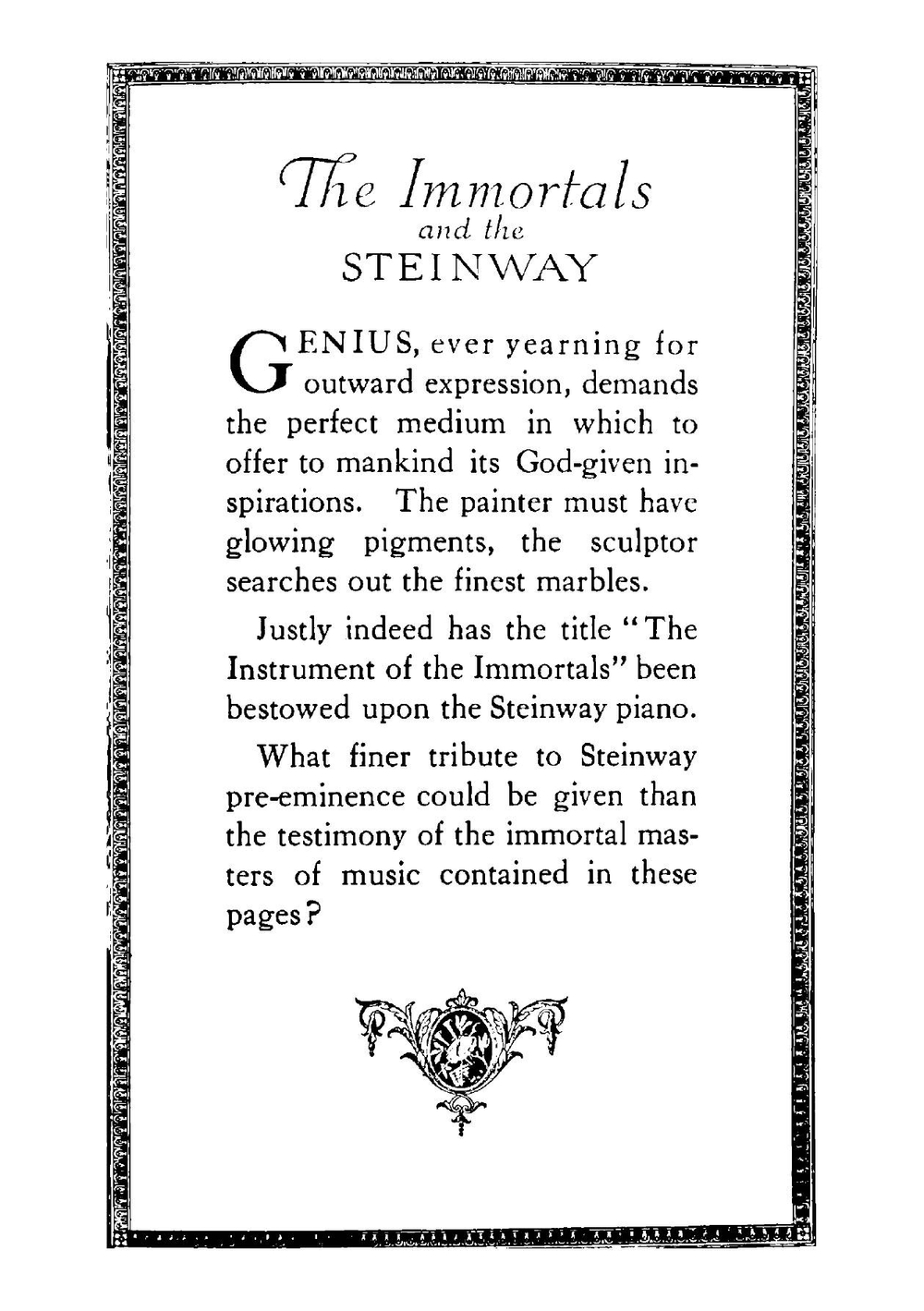 Portraits of musical celebrities; a book of notable testimonials. Steinway, the instrument of the immortals | Steinway & Sons