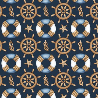 Акварельный морской со штурвалом тёмно-синий