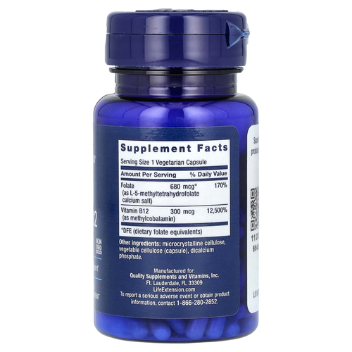 Life Extension, биоактивные фолат и витамин B12, 90 вегетарианских капсул