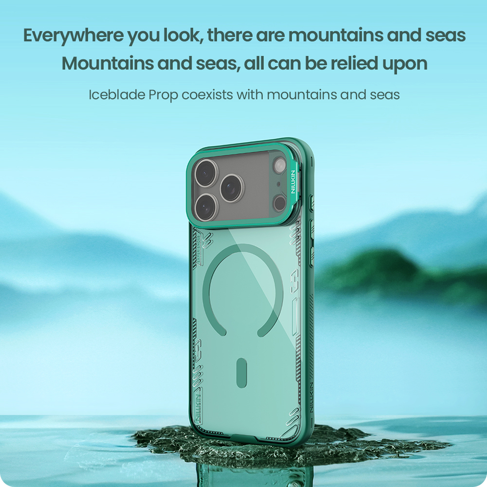 Чехол прозрачный зеленого цвета с MagSafe на iPhone 17 Pro Max, серия Iceblade Prop Magnetic (версия с прозрачной крышкой объектива) от Nillkin