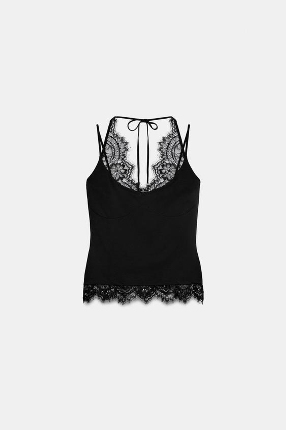 ZARA ТОП С ГОРЛОВИНОЙ ХАЛТЕР И КРУЖЕВОМ, ЧЕРНЫЙ