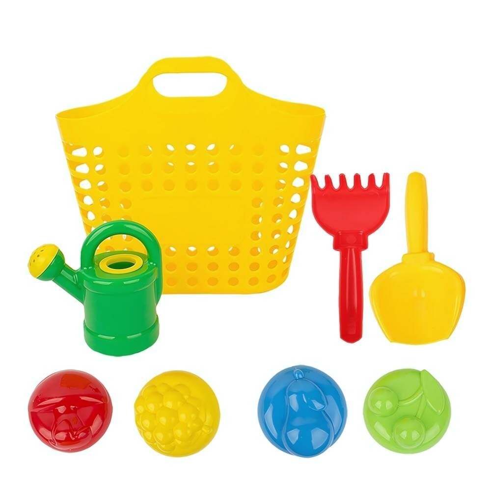 Песочный набор в корзинке "Садовый" 4 формочки, совок, грабли, леечка (Совтехстром)