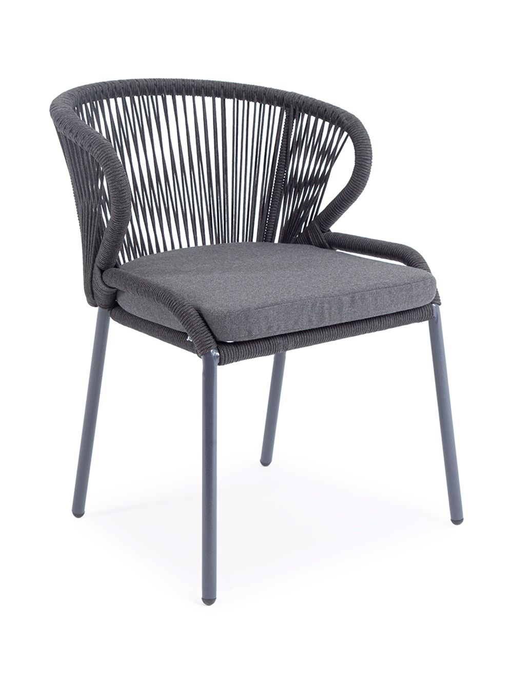 "Милан" стул плетеный из роупа, каркас алюминий темно-серый (RAL7024) муар, роуп темно-серый круглый, ткань темно-серая 027