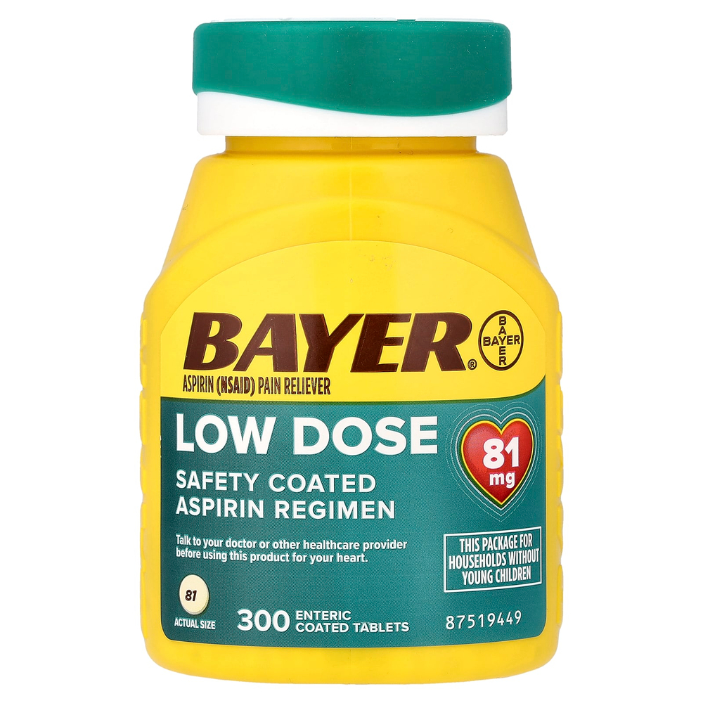 Bayer, Aspirin Regimen, низкая доза, 81 мг, 300 таблеток, покрытых кишечнорастворимой оболочкой