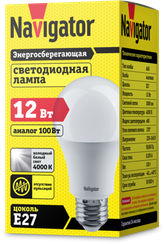 Лампа светодиодная Navigator A60 220V Е27 12W 4000K груша 23183