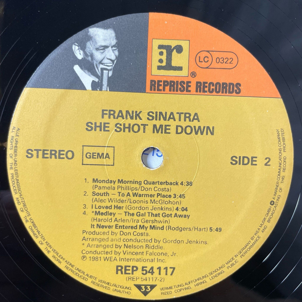 Винтажная виниловая пластинка LP Frank Sinatra She Shot Me Down (Germany 1981) (Bang Bang )