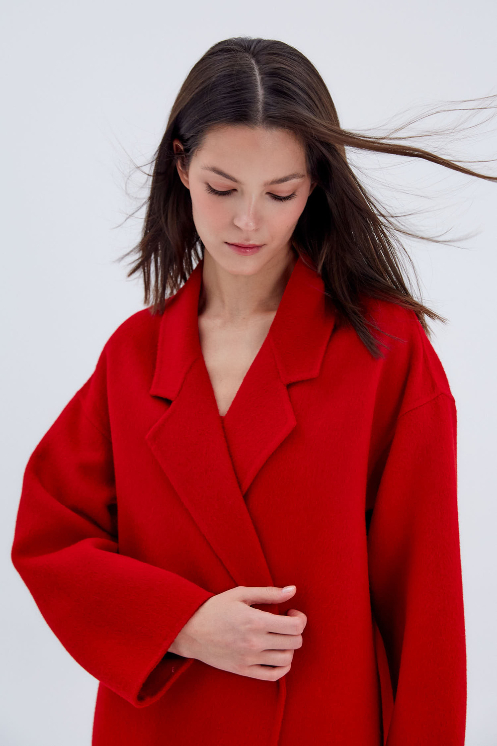Пальто двубортное из смесовой шерсти альпаки красный
