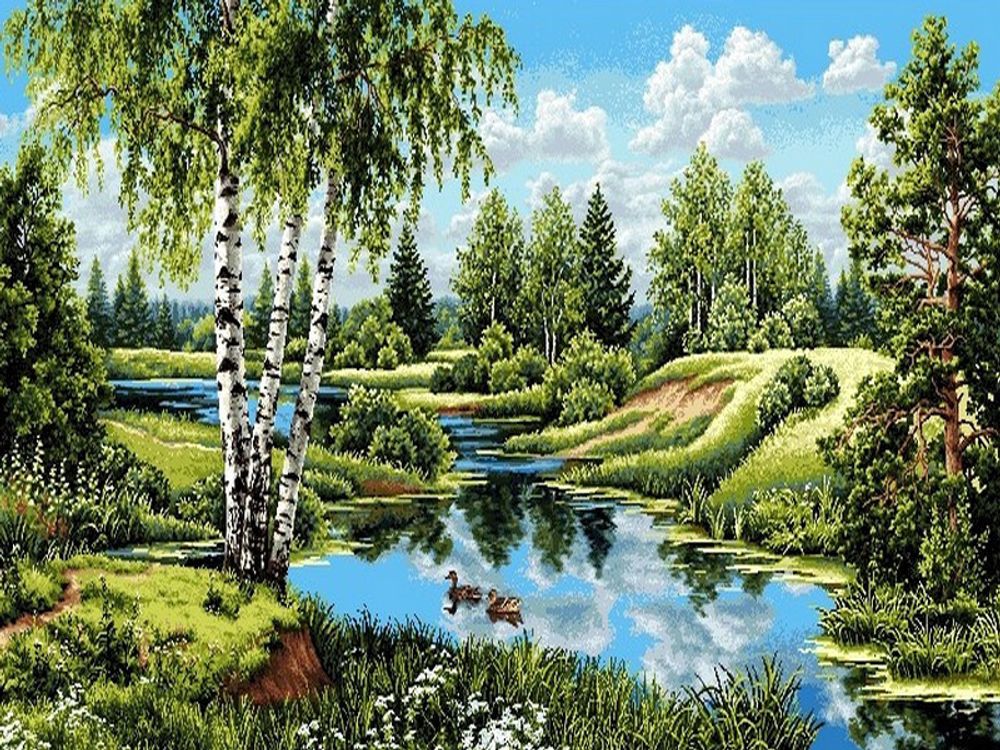 Гобеленовая картина &quot;D. ПЕЙЗАЖ С УТКАМИ&quot; в багетной раме, Россия.
